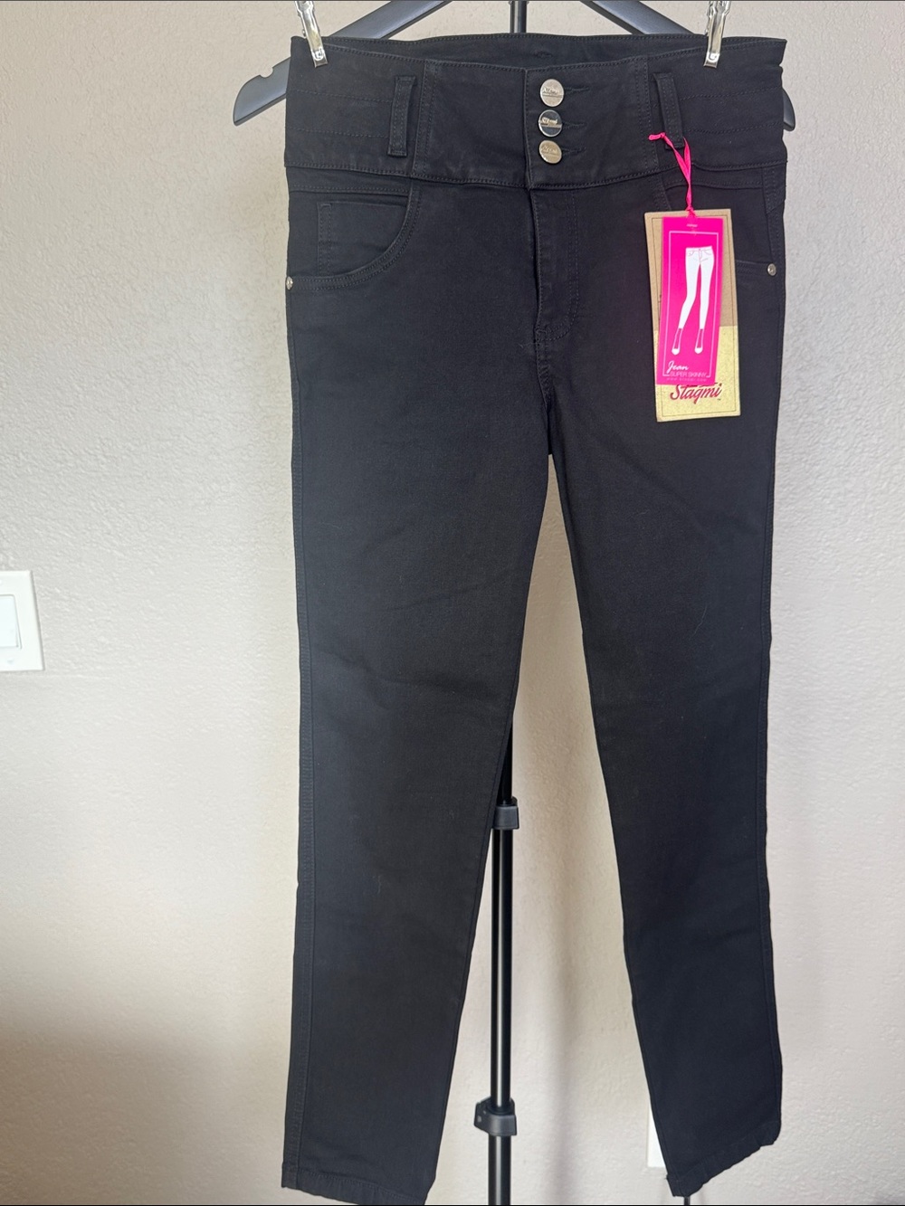 High-Rise Black Skinny Jeans with Triple-Button Waist